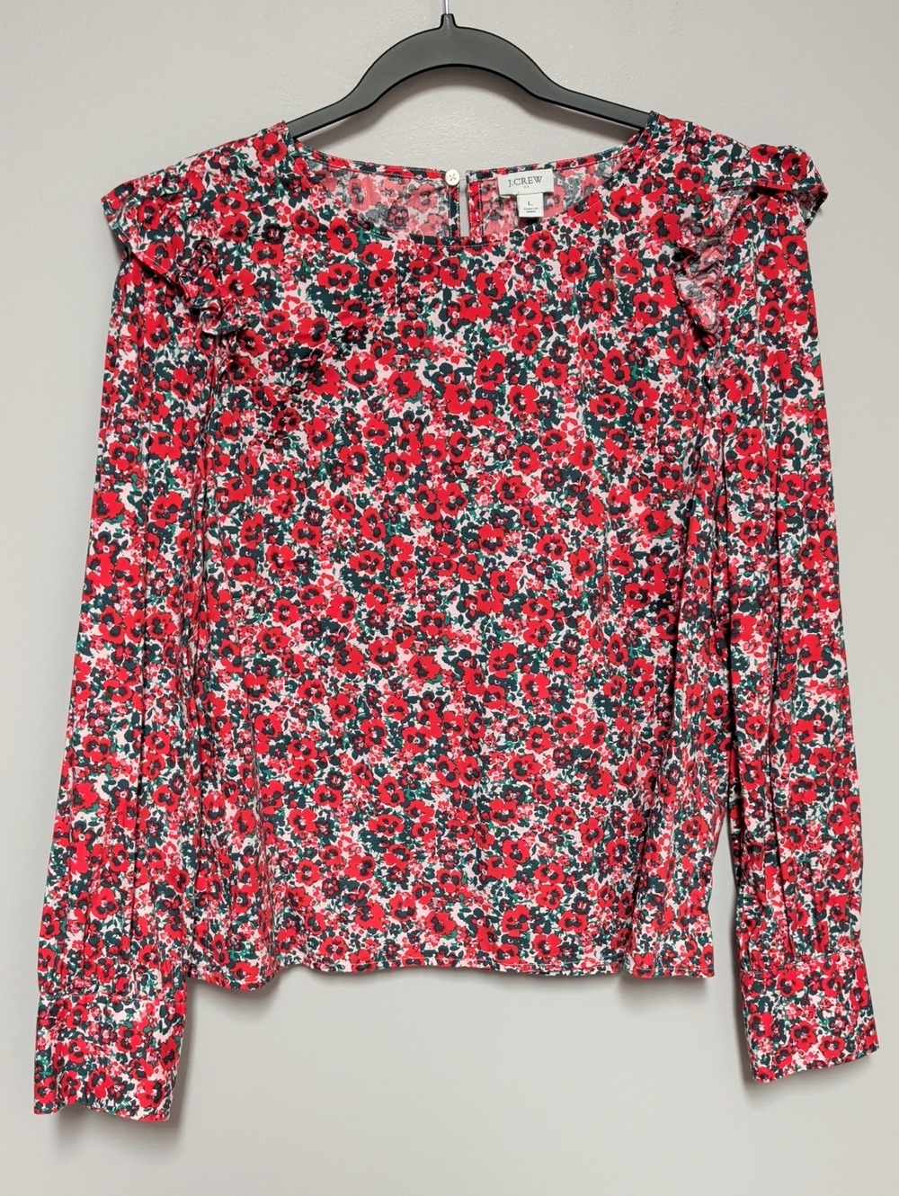 J. Crew Red Floral Ruffle-Shoulder Blouse
